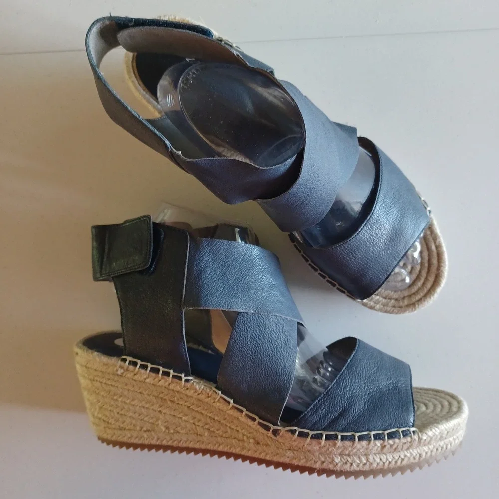 Eileen Fisher Slate Blue Leather Espadrille Wedge Sandals Women 11 Platform NWOT